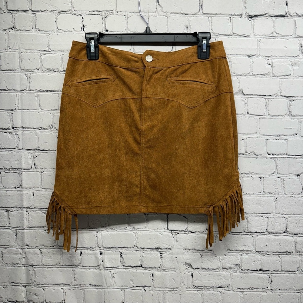 Double D Ranch Suede Fringe Mini Skirt in Cognac Brown